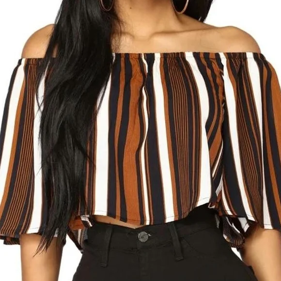 Fashion Nova Off-Shoulder Striped Crop Top - Picture 1 of 7